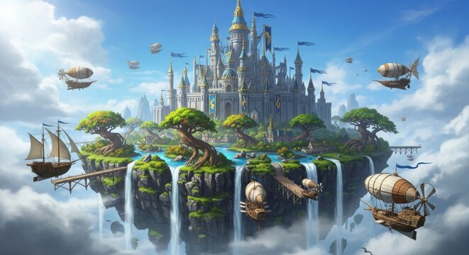 Fantasy Floating Islands Kingdom with Castle and Airships in a Dreamlike Sky - Powered by Adobe