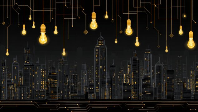 Luminous city skyline at night with glowing bulb lights and circuit board patterns
