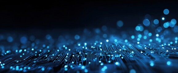 Close-up of glowing blue circuitry, data flow, and bokeh lights on a dark background