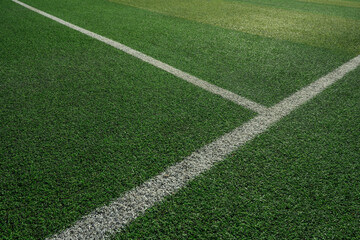 잔디와 흰색 라인이 있는 축구 경기장 