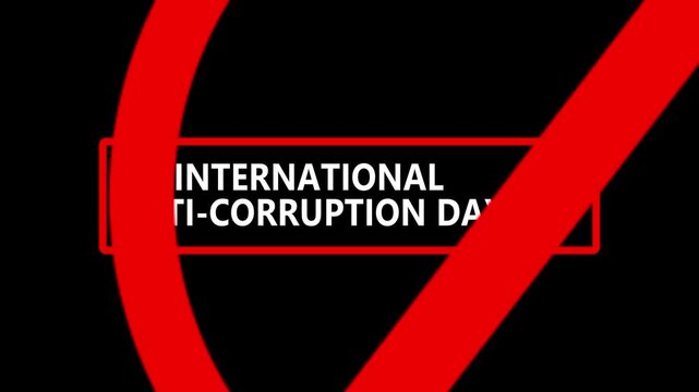 International Anti-Corruption Day text with stop icon. Corruption is a bad thing animation on black background. warning sign symbol