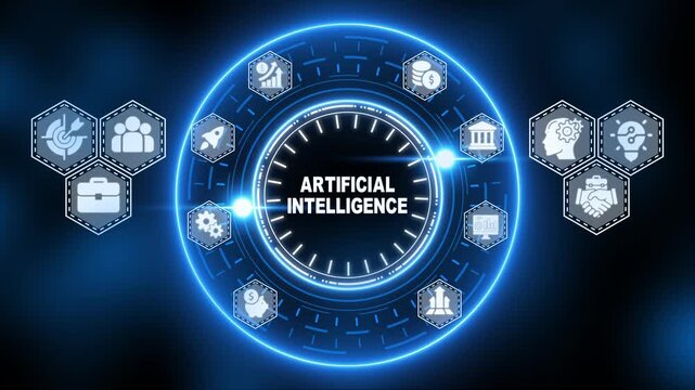 Artificial intelligence concept with glowing blue neon icons and central digital interface technology - Powered by Adobe