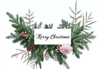 Vintage watercolor Christmas card with pine branches, pink roses, Merry Christmas