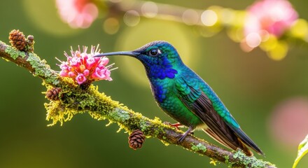 Fototapeta premium Jewel toned hummingbird sips nectar from a pink blossom
