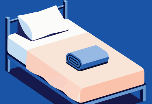 Isometric illustration of a bed with a pillow, folded blanket, and covers in a monochromatic blue and peach color scheme