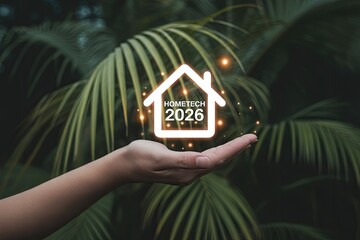 HomeTech 2026 smart home technology glowing icon on hand with tropical background