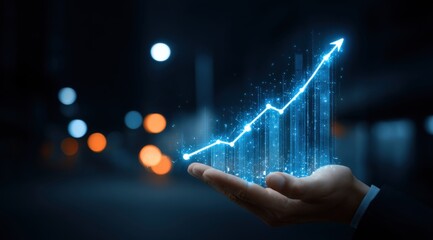 A hand presenting a glowing upward trending graph of growth in a dark setting