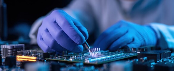 skilled technician meticulously assembling a complex circuit board for advanced electronic equipment