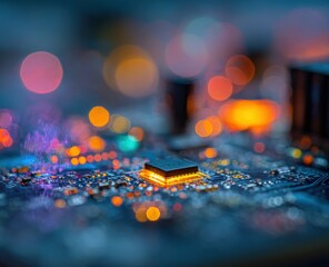 Illuminated microchip glows with vibrant, abstract bokeh lights on circuit board