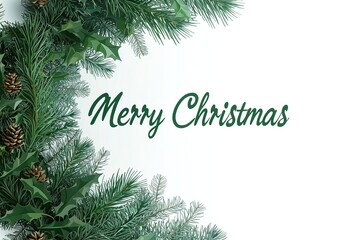 3D rendered Christmas green background with pine, holly, cursive Merry Christmas text