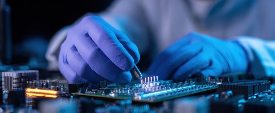 skilled technician meticulously assembling a complex circuit board for advanced electronic equipment - Powered by Adobe