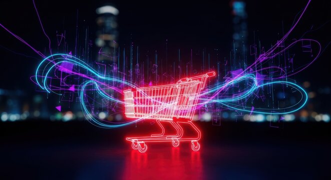 Futuristic Digital Shopping Cart Glowing Neon Lines
