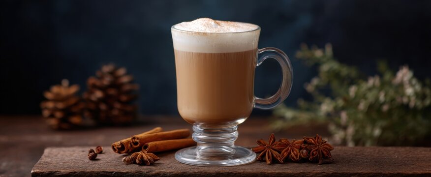 Warm spiced chai latte presented in a clear glass mug atop rustic wood.