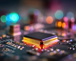Glowing microchip on a circuit board with bokeh lights in background