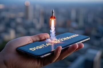 Digital success 2026 rocket launch from smartphone for tech growth concept