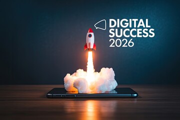 Digital success 2026 high-tech rocket launch from smartphone in dark studio scene