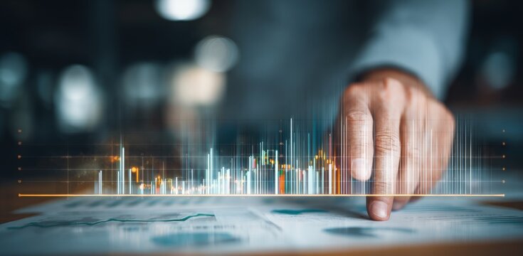 Hand interacting with a glowing financial graph overlaying a paper document - Powered by Adobe