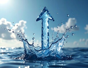 A water arrow erupts upward from the ocean, against a bright blue sky with fluffy white clouds