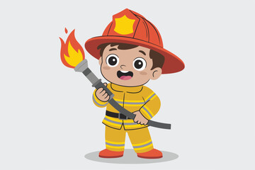 A cartoon firefighter stands holding a hose with a flame effect, wearing uniform and helmet, on a light gray background