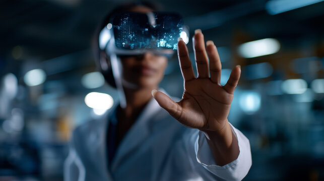 Virtual reality trainee immersed in digital simulation for industrial training faceless woman defocused future tech background professional education scene technological