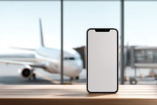 Smartphone displays blank screen on wooden surface with airplane and jet bridge - Powered by Adobe