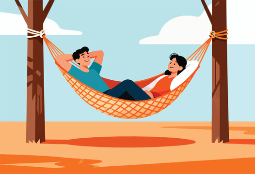 A couple relaxing in an orange hammock suspended between two trees. Light blue sky, clouds, and orange sand