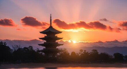 Pagoda silhouette at dawn over foggy lake with colorful sky