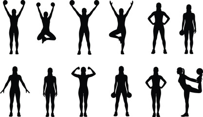 Set of Female Silhouettes in Various Fitness, Exercise, and Sport Poses Vector, Woman Working Out, Gym Training, Yoga, Healthy Lifestyle, and Active Workout Collection.