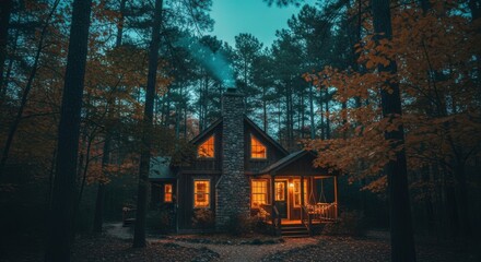 Cozy cabin with glowing windows in a dark autumn forest