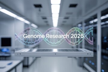 Genome Research 2026 floating holographic DNA strand in futuristic research environment