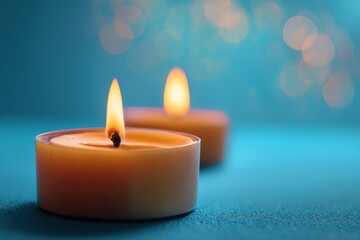 Gentle teal background with two lit candles casting soft light