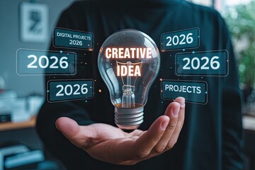 Nnovation and creative projects 2026 with glowing lightbulb and digital futuristic elements