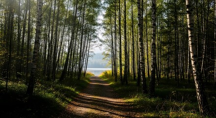 Obraz premium Woodland path leads to sunlit lake through tall birch trees.