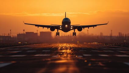 Jetliner ascending from runway at sunset with dramatic orange sky