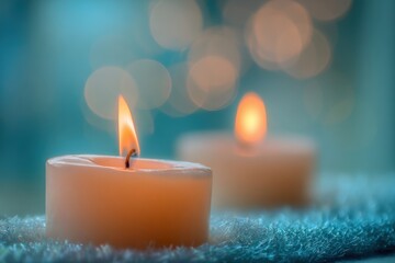 Two lit candles glow softly on a textured surface with bokeh lights