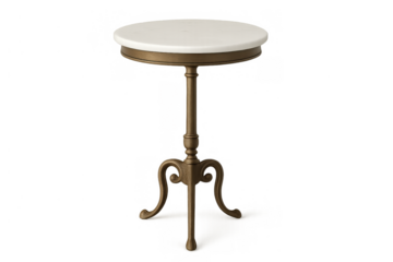 Round bistro table with white marble top and brass base, vintage furniture piece on transparent background