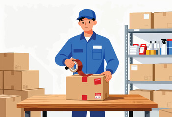 A worker in blue uniform tapes a box. Shelves of boxes & cleaning supplies surround the scene