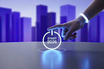 2026 startup launch concept with glowing futuristic start button in modern city