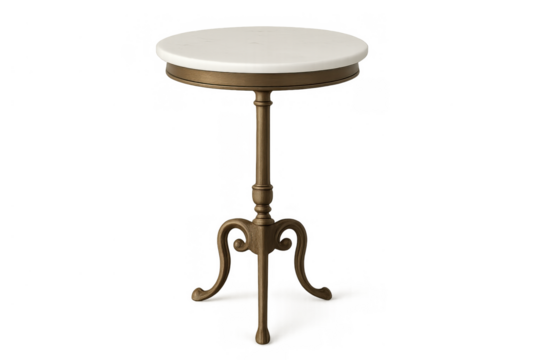 Round bistro table with white marble top and brass base, vintage furniture piece on transparent background