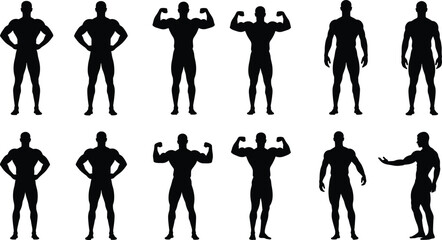Vector Collection of Muscular Male Body Silhouettes Posing and Flexing Muscles, Strong Man, Fitness, Bodybuilding Competition, Health, Power, and Athletic Performance Icon Set.