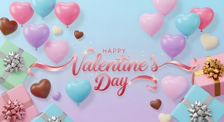 Pastel valentines day celebration with balloons gifts and chocolate hearts