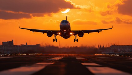 Jet taking off at sunset, silhouetted by vibrant orange sky and clouds