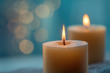 Softly glowing candles with blurred warm bokeh lights in the background