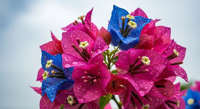 Vibrant bougainvillea flowers with dew drops on colorful petals.