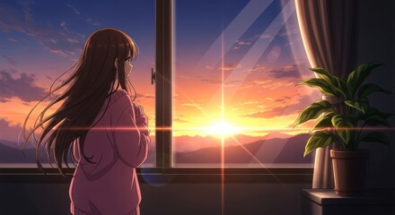 Young woman watching a beautiful sunset from window