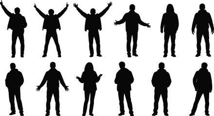 Silhouettes of Diverse People in Casual Jackets Showing Dynamic Poses, Representing Cheering, Greeting, Emotion, Cold Weather Crowd, Unity, Action, and Celebration.