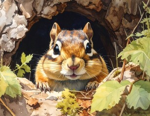 A watercolor chipmunk peers from its burrow