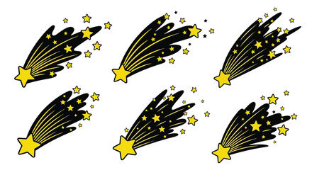 Set of Six Cartoon Shooting Stars with Tails and Ornate Details Vector Graphic
