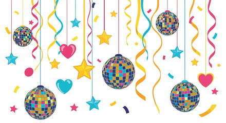 Colorful Party Vector Illustration with Disco Balls, Streamers, Hearts and Stars on White