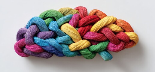 Braided yarn in rainbow colors forms a brain shape on white
